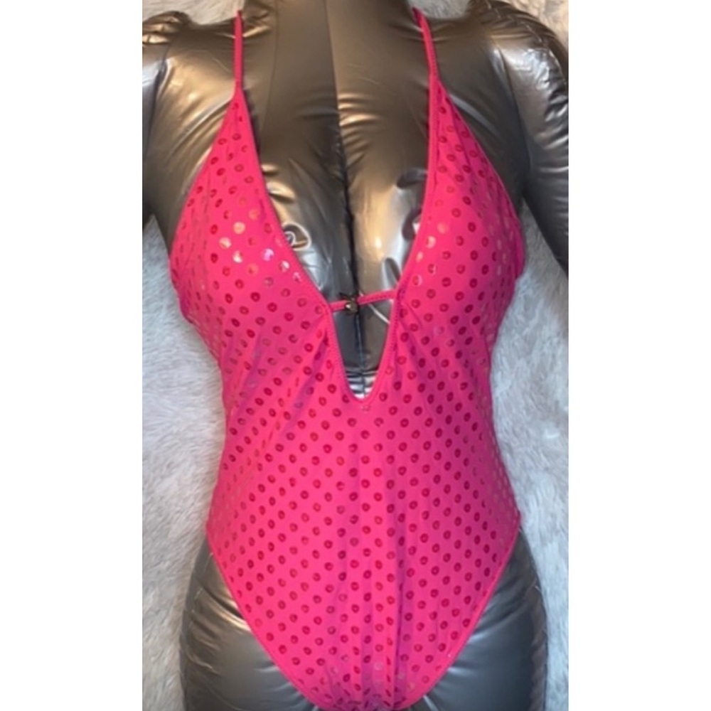 PLAYBOY Hot Pink Polka Dot Plunge Bodysuit